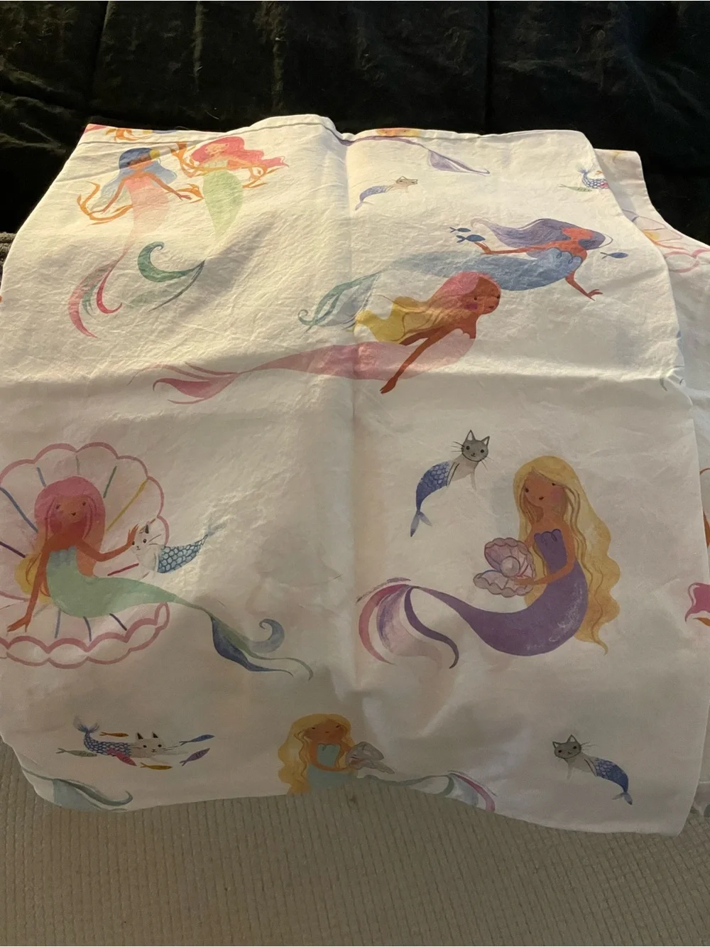 2 Pottery Barn Kids White GEMA Mermaid Print Pillowcases with Pastel Accents